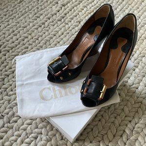 Chloé Black Leather Peep Toe Wedges with Buckle Detail